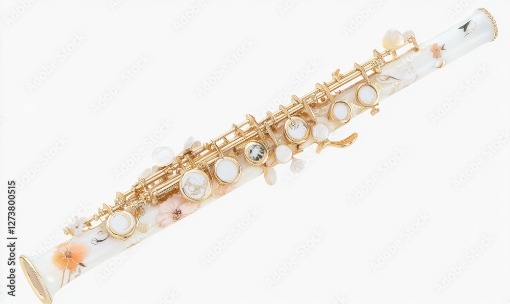 Fototapeta premium Elegant floral-themed flute resting on a clean white surface, highlighting its intricate design