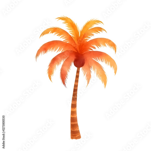 Watercolor painting of a tropical palm tree with orange and brown hues isolated transparent background