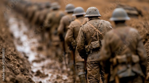 Soldiers in Historical Trench during War, Muddy Conditions and Rough Terrain