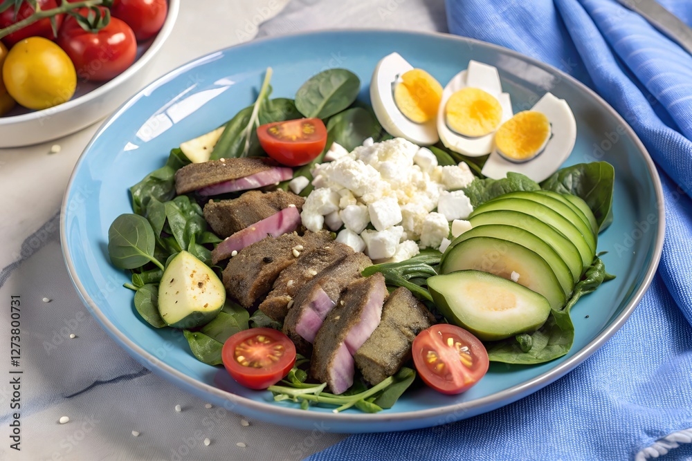Healthy Salad with Sliced Steak, Boiled Eggs, Fresh Vegetables, and Feta Cheese Healthy Salad with Sliced Steak, Boiled Eggs, Fresh Vegetables, and Feta Cheese