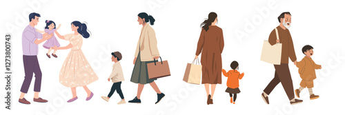 Illustrated diverse family interactions, isolated vector set