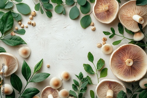 Wallpaper Mural A beautiful arrangement of edible mushrooms and green leaves lying on a bright white surface Torontodigital.ca