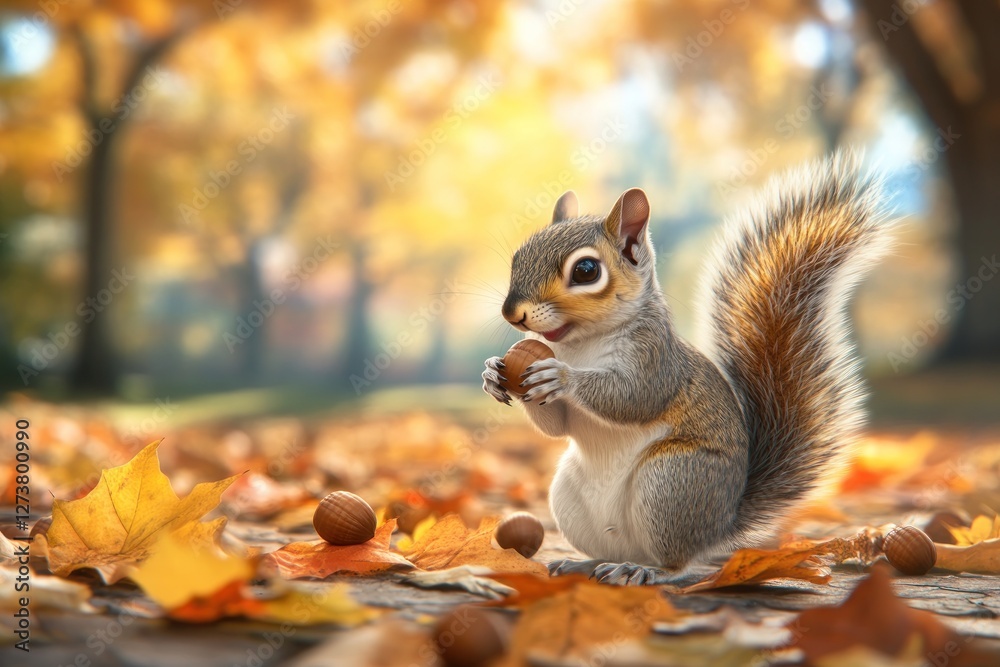 Squirrel eating nut, autumn park, fall leaves Squirrel eating nut, autumn park, fall leaves