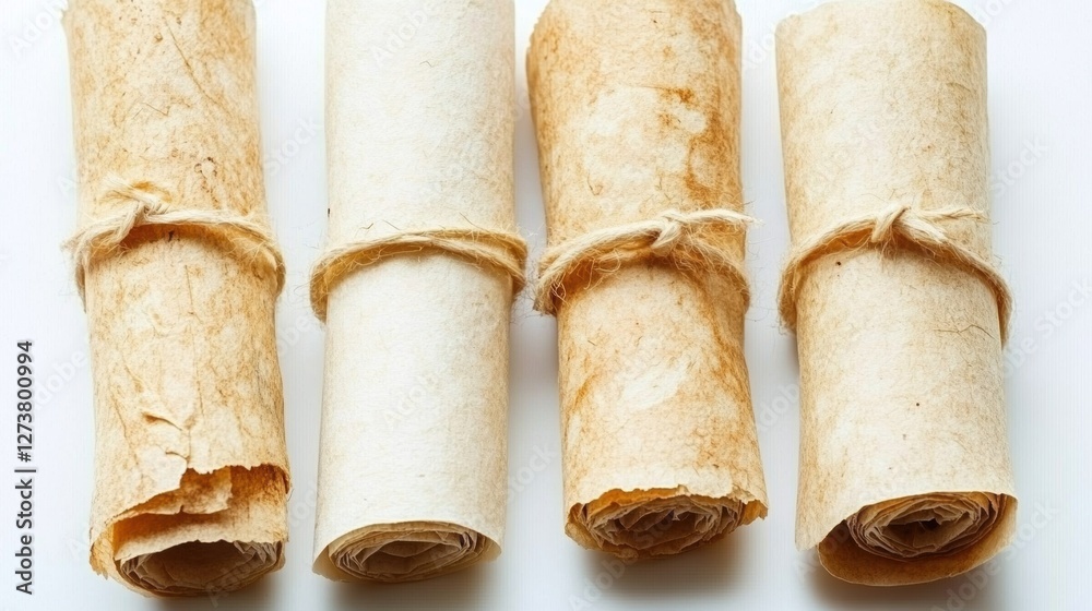Close Up View of Four Crispbread Rolls Tied with Cord on White Background Close Up View of Four Crispbread Rolls Tied with Cord on White Background
