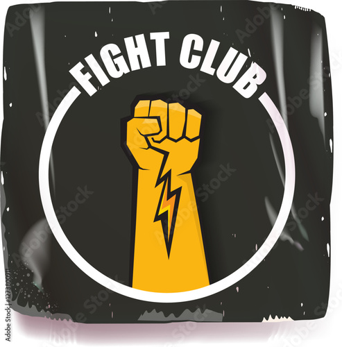 fight club vector grey sticker with logo and orange man fist isolated on white background. MMA Mixed martial arts concept banner and poster design template. Fight club grunge label, icon design