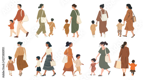 Stylish mothers walking children, isolated vector set