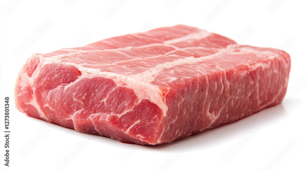A high-definition image of a pork loin with a marbled surface, showing its fresh, pink color and texture, set against a pristine white background. A high-definition image of a pork loin with a marbled surface, showing its fresh, pink color and texture, set against a pristine white background.