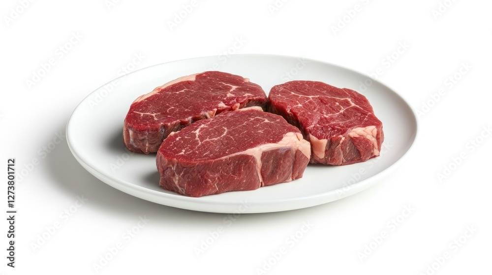 A high-definition image of a steak cut into slices, revealing its juicy interior, arranged neatly on a white plate with a clean, white background. A high-definition image of a steak cut into slices, revealing its juicy interior, arranged neatly on a white plate with a clean, white background.