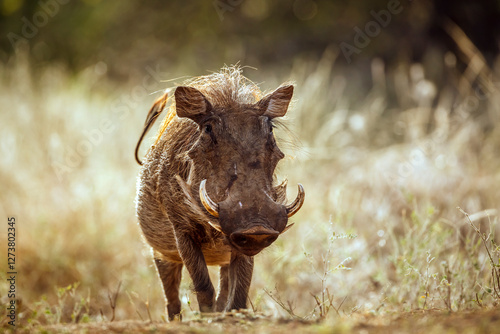 Common warthog  walking front view in dry savannah in greater Kruger National park, South Africa ; Specie Phacochoerus africanus family of Suidae photo
