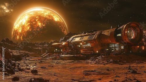 Fototapeta Naklejka Na Ścianę i Meble -  Spaceship on Alien Planet Near Fiery Sun