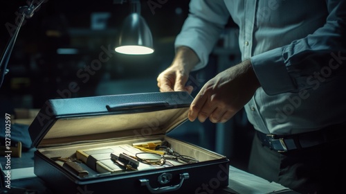Detective examining a suspicious briefcase at a crime scene. Featuring investigation and suspicion
