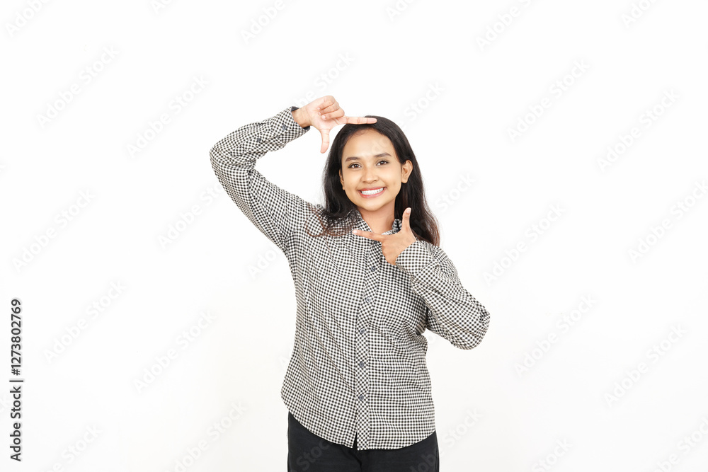 Smiling Framing a Picture Gesture Of Beautiful Asian Woman Isolated On White Background Smiling Framing a Picture Gesture Of Beautiful Asian Woman Isolated On White Background