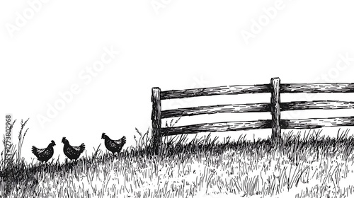 Pen and ink drawing, chickens foraging near a wooden fence in a grassy field, the wood grain of the fence detailed with fine lines, blades of grass overlapping with subtle crosshatching, bright white