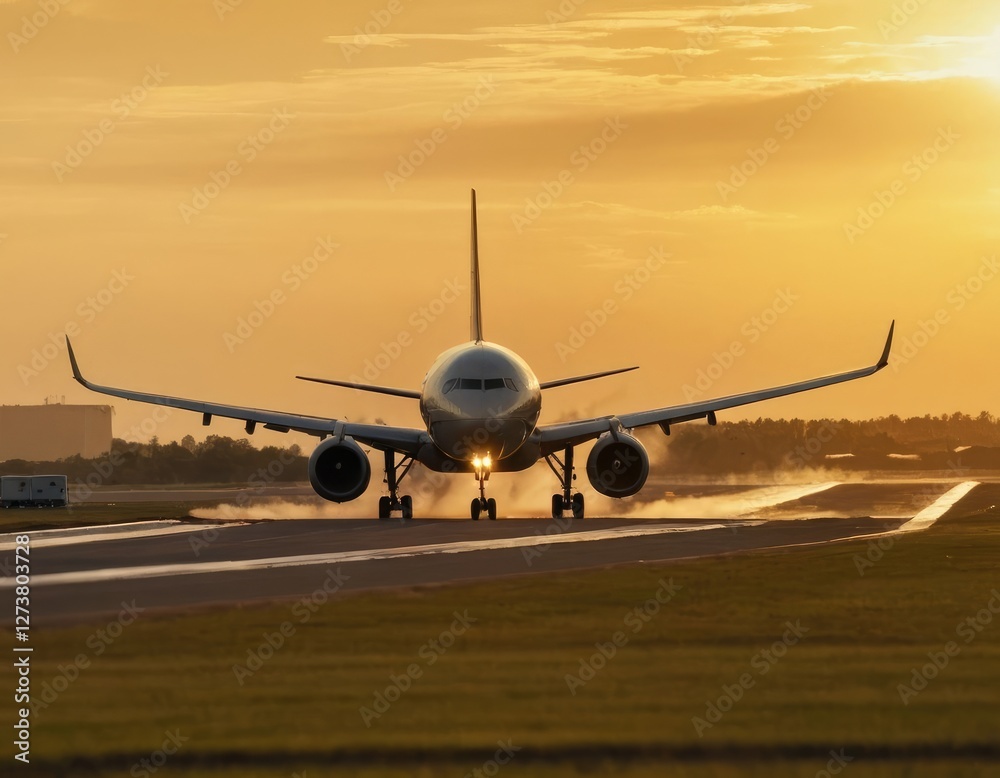 An airplane is taking off from an airport runway during sunset hours An airplane is taking off from an airport runway during sunset hours
