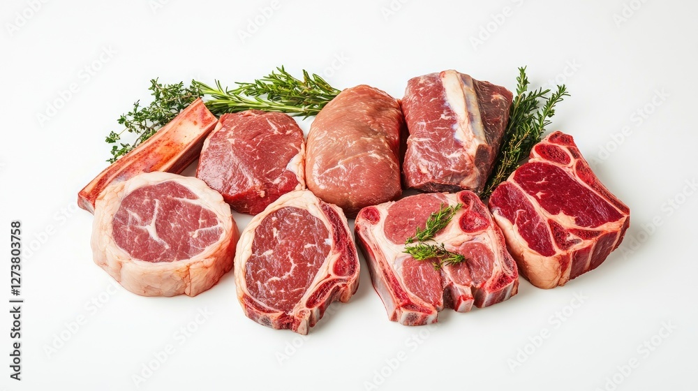 Fototapeta premium A neatly arranged display of fresh pork steaks, including different cuts like shoulder and ribeye, with a simple white background to emphasize their quality.