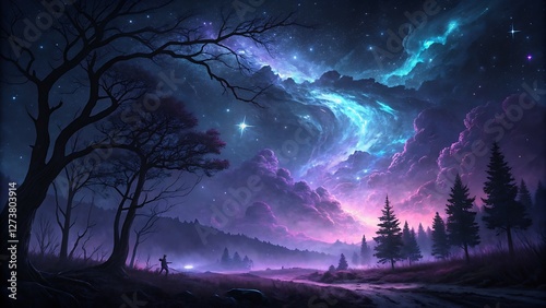 Dark Fantasy Night Sky with Glowing Purple and Blue Mist mesmerizing and otherworldly night sky shrouded in deep purples and ethereal blues, creating a mystical and enchanting atmosphere. photo