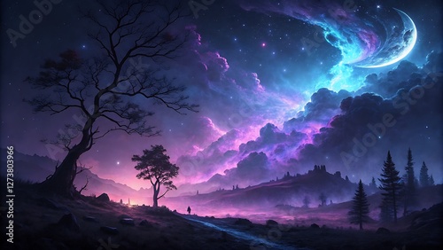 Dark Fantasy Night Sky with Glowing Purple and Blue Mist mesmerizing and otherworldly night sky shrouded in deep purples and ethereal blues, creating a mystical and enchanting atmosphere. photo