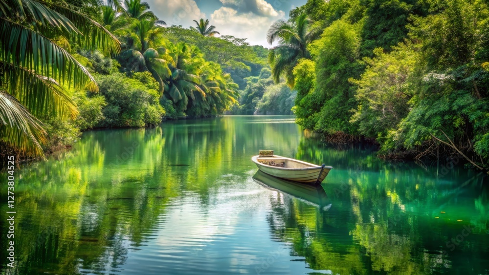 Serene Jungle River Scene with a Boat and Lush Greenery Serene Jungle River Scene with a Boat and Lush Greenery
