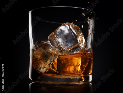  A refreshing shot of whiskey with an ice cube, capturing the condensation, rich amber liquid, and the details of the glass and light reflection. photo