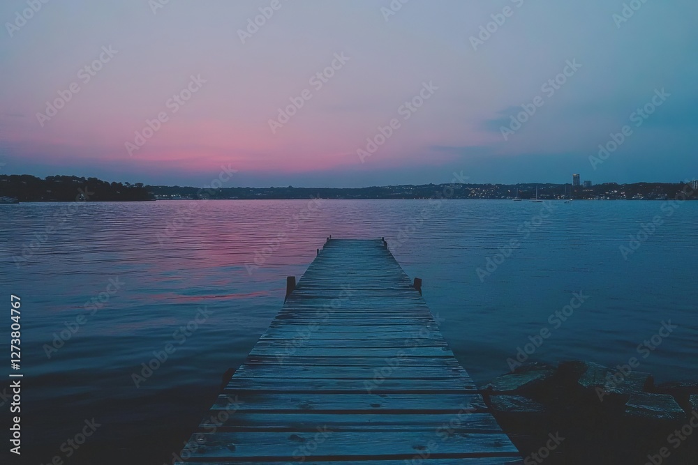 Fototapeta premium Reflections of poles from an old wharf with a heritage background, taken in blue or golden hour