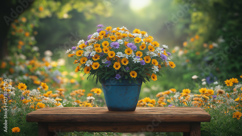 vibrant flower pot filled with daisies and asters sits on rustic wooden table, surrounded by colorful garden in full bloom, evoking sense of tranquility and natural beauty
