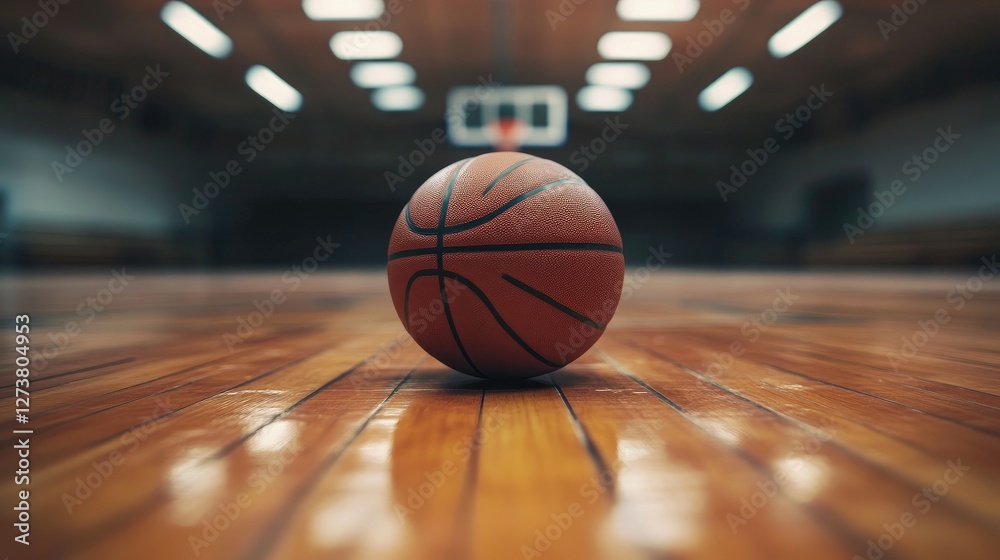 A serene image of a single basketball resting on a wooden court, with the focus on the ball's texture and the surrounding empty, well-lit gymnasium. A serene image of a single basketball resting on a wooden court, with the focus on the ball's texture and the surrounding empty, well-lit gymnasium.