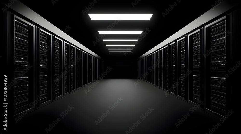 Fototapeta premium Futuristic Data Protection Center Secured by Quantum Resistant Encryption in Neon Lit Tech Environment Visualizing Impenetrable Data Security with a Minimalist Industrial Aesthetic in a Controlled