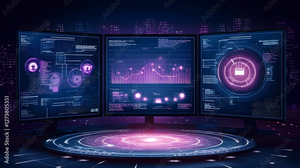 Futuristic digital security monitoring hub showcasing AI driven cyber threat analysis and real time data breach prevention dashboard