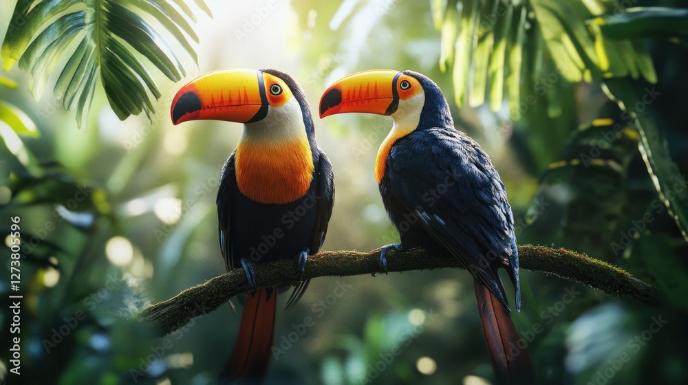 Naklejka premium Two toucans perched on branch, rainforest background, sunlit foliage, wildlife photography