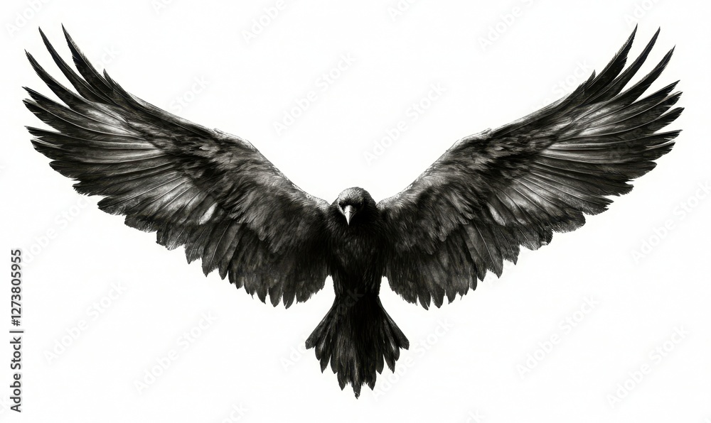Obraz premium Majestic black bird with outstretched wings soaring against a plain background, symbolizing freedom