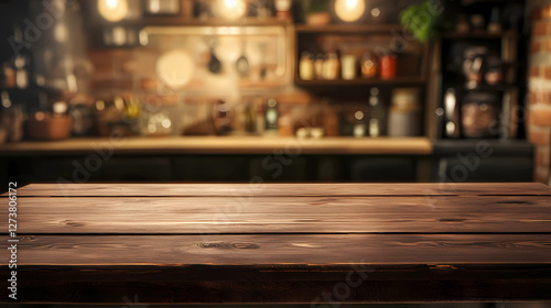 Wooden table on blurred kitchen bench background. Empty wooden table and blurred kitchen background