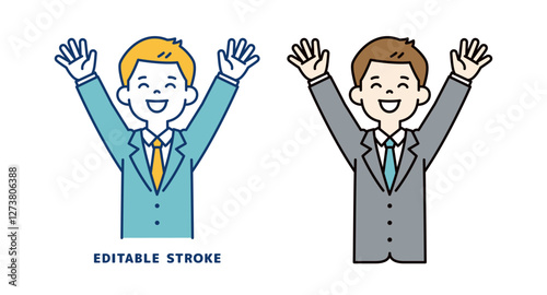 笑顔でバンザイする、若いビジネスマンのベクターイラスト素材＿線幅の編集可能