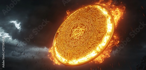 A massive golden sun disk inscribed with intricate symbols hovering mid-air and pulsating with fiery neon plasma against a dark stormy sky