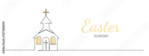 One continuous line drawing of church. Easter Sunday banner. Editable stroke, simple, doodle design, vector illustration