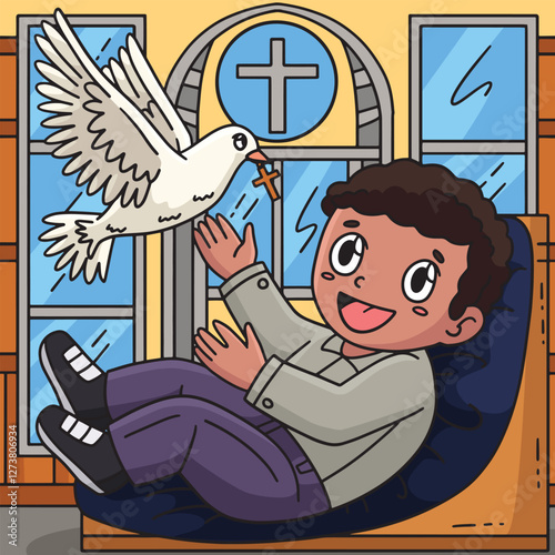 Baptism Baby and Dove Colored Cartoon Illustration