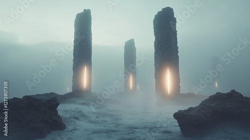 Mysterious Alien Artefacts, Misty Ethereal Glowing Monolith - AI Generated