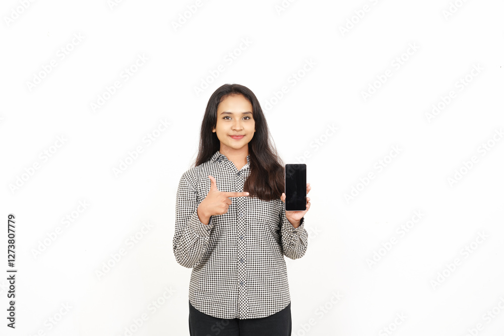 Showing Apps or Ads On Blank Screen Smartphone Of Beautiful Asian Woman Isolated On White Background Showing Apps or Ads On Blank Screen Smartphone Of Beautiful Asian Woman Isolated On White Background