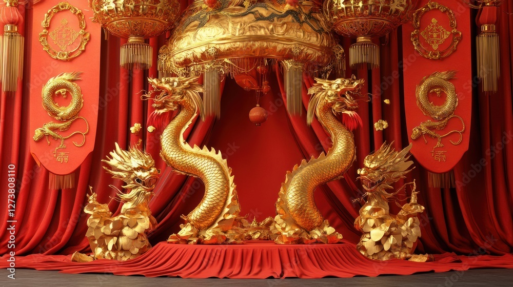 Obraz premium Golden Dragons Adorn a Regal Red Chinese Setting