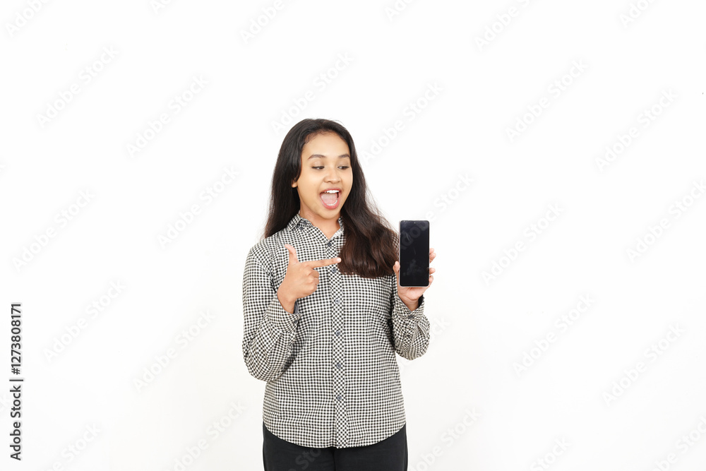 Showing Apps or Ads On Blank Screen Smartphone Of Beautiful Asian Woman Isolated On White Background Showing Apps or Ads On Blank Screen Smartphone Of Beautiful Asian Woman Isolated On White Background
