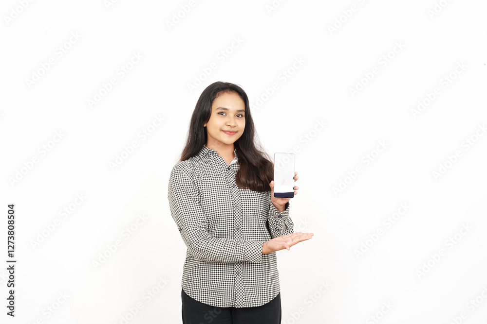 Showing Apps or Ads On Blank Screen Smartphone Of Beautiful Asian Woman Isolated On White Background Showing Apps or Ads On Blank Screen Smartphone Of Beautiful Asian Woman Isolated On White Background