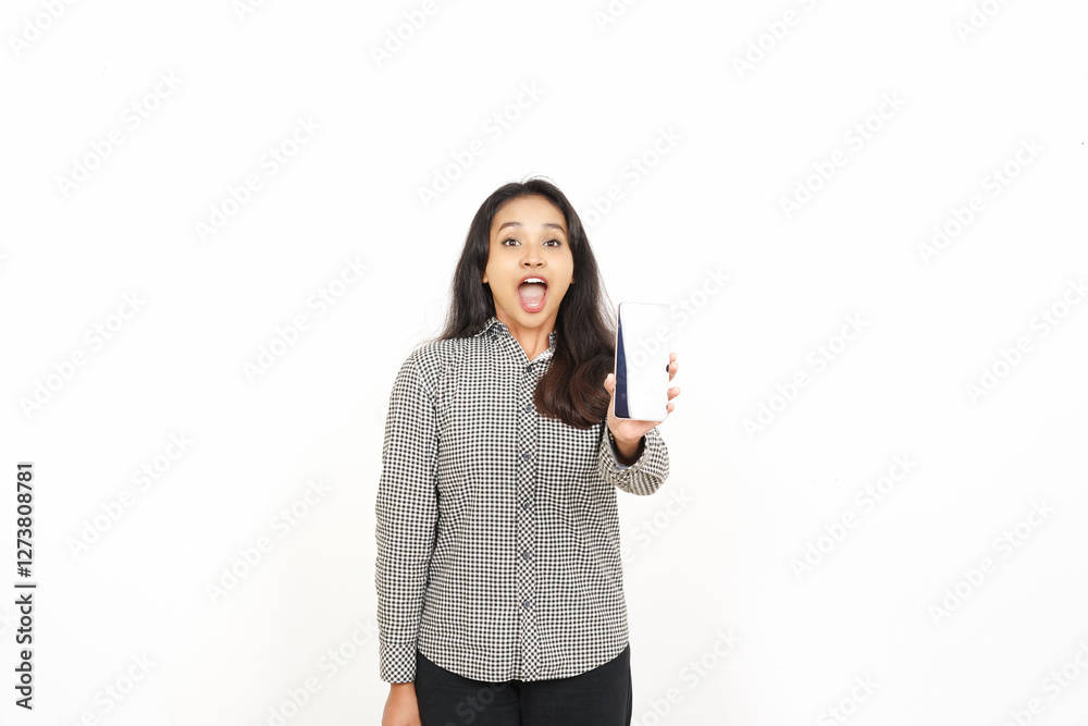 Showing Apps or Ads On Blank Screen Smartphone Of Beautiful Asian Woman Isolated On White Background Showing Apps or Ads On Blank Screen Smartphone Of Beautiful Asian Woman Isolated On White Background