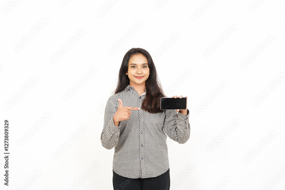 Showing Apps or Ads On Blank Screen Smartphone Of Beautiful Asian Woman Isolated On White Background Showing Apps or Ads On Blank Screen Smartphone Of Beautiful Asian Woman Isolated On White Background