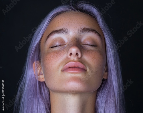 A depiction of a stunning woman with long, purplish hair photo