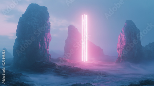 Mysterious Alien Artefacts, Misty Ethereal Glowing Monolith - AI Generated