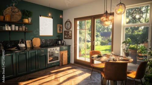 Cozy Green Kitchen Interior with Wooden Accents Round Table and Sunlit Garden View
