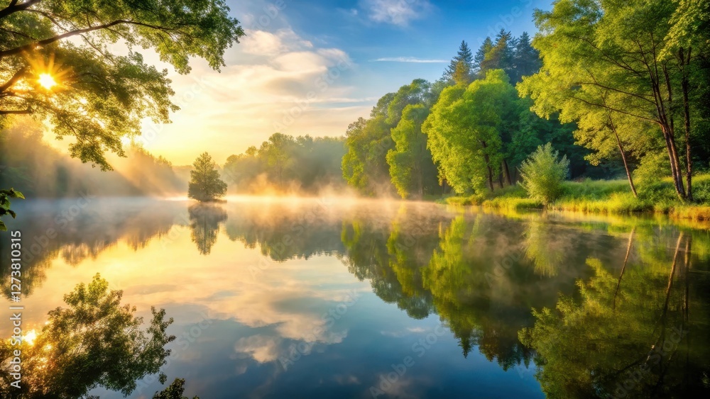 Obraz premium A tranquil lake with a misty morning atmosphere, surrounded by tall trees and dense greenery, reflecting the warm sunlight filtering through the leaves, misty morning, landscape