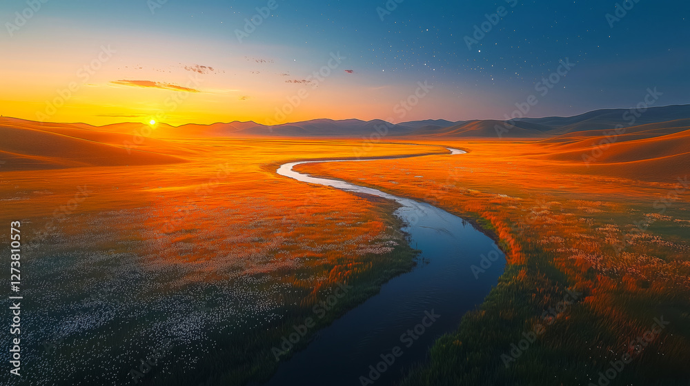 Fototapeta premium Springs Twilight Embrace at the Horizons Edge golden fields stretching beneath the soft glow of sunrise