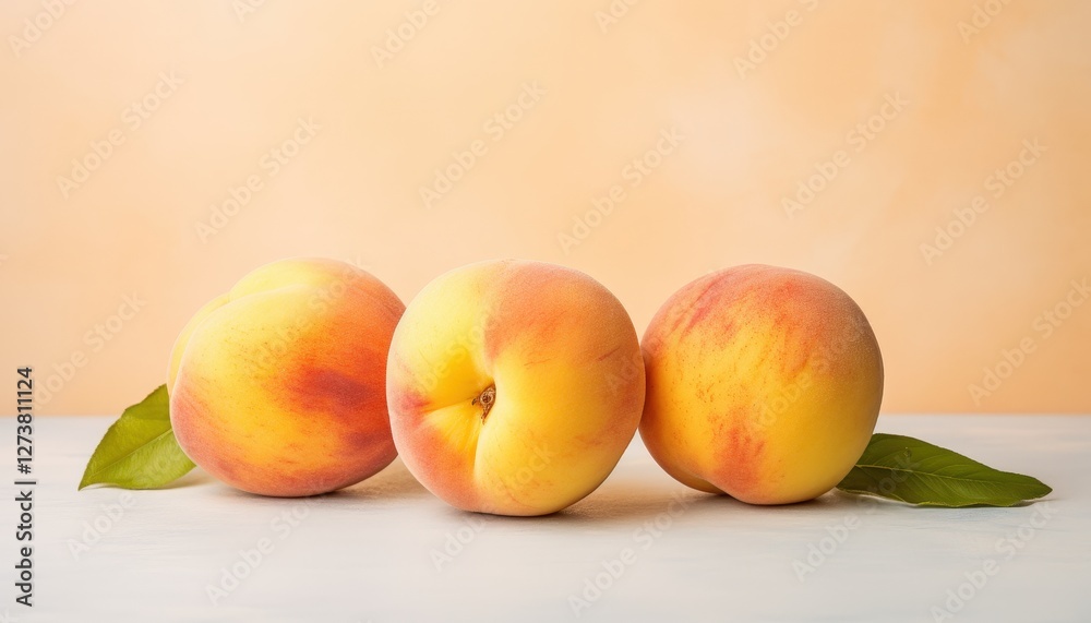 Three peaches placed together on a table. Light orange background. Could be used for recipe sites Three peaches placed together on a table. Light orange background. Could be used for recipe sites
