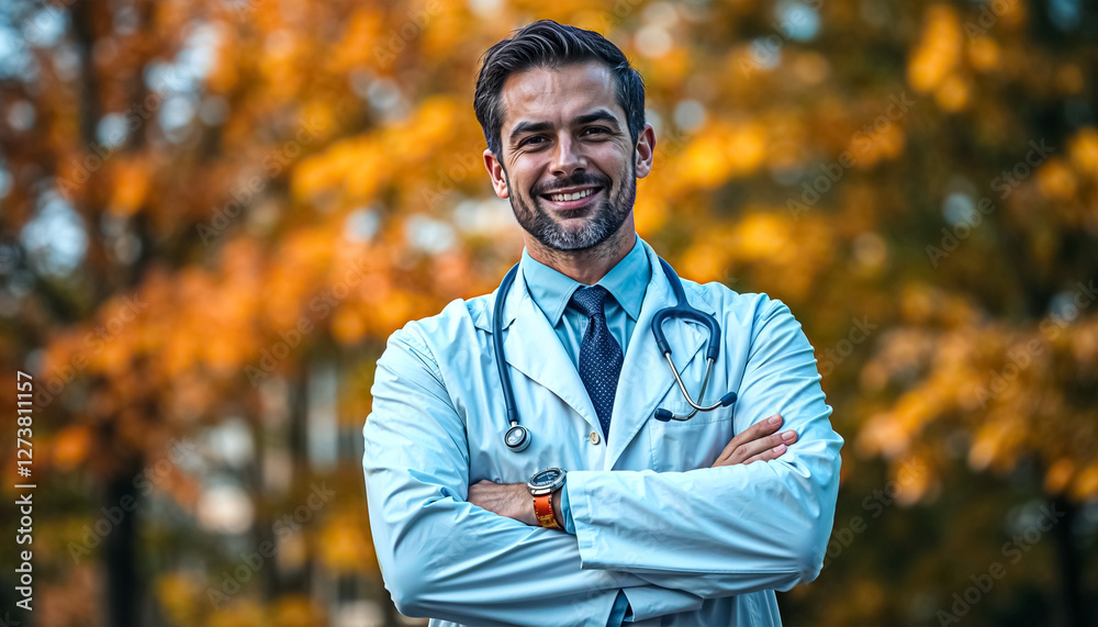 Handsome doctor with arm cross in autumn park Handsome doctor with arm cross in autumn park