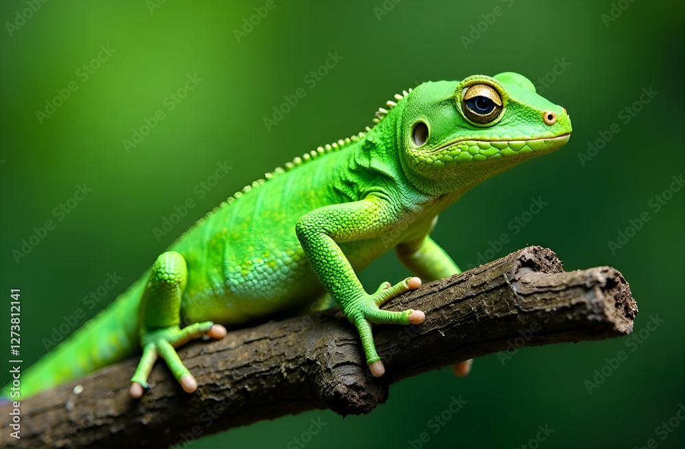 Green lizard sits on a tree trunk. Blurred background, selective focus. Green lizard sits on a tree trunk. Blurred background, selective focus.